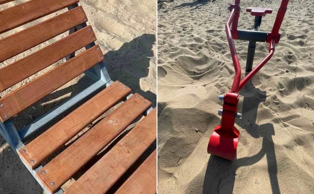 Поврежденные лежаки на территории Гребного канала в Бресте. Коллаж из фото Брестского горисполкома